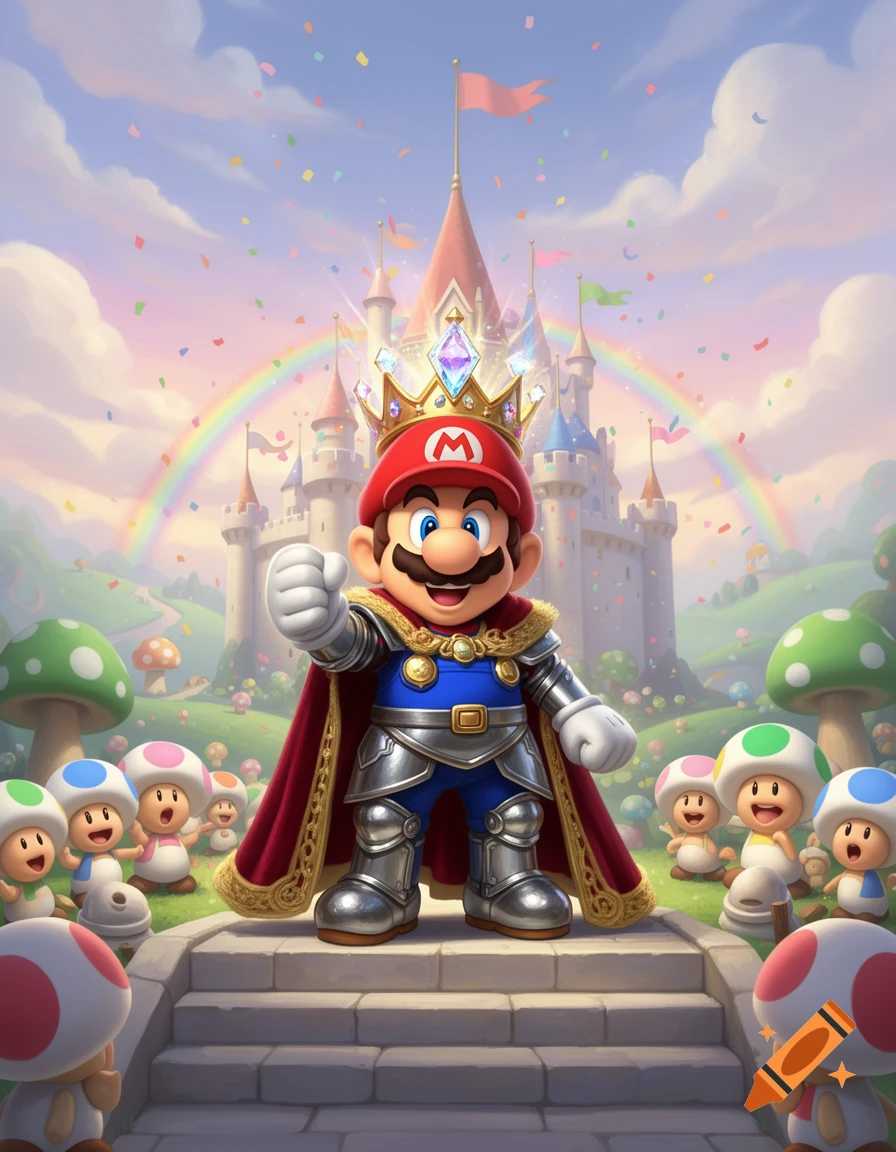 Mario as a king in armor with a crown, standing on steps in front of a castle with a rainbow and confetti, surrounded by Toads.