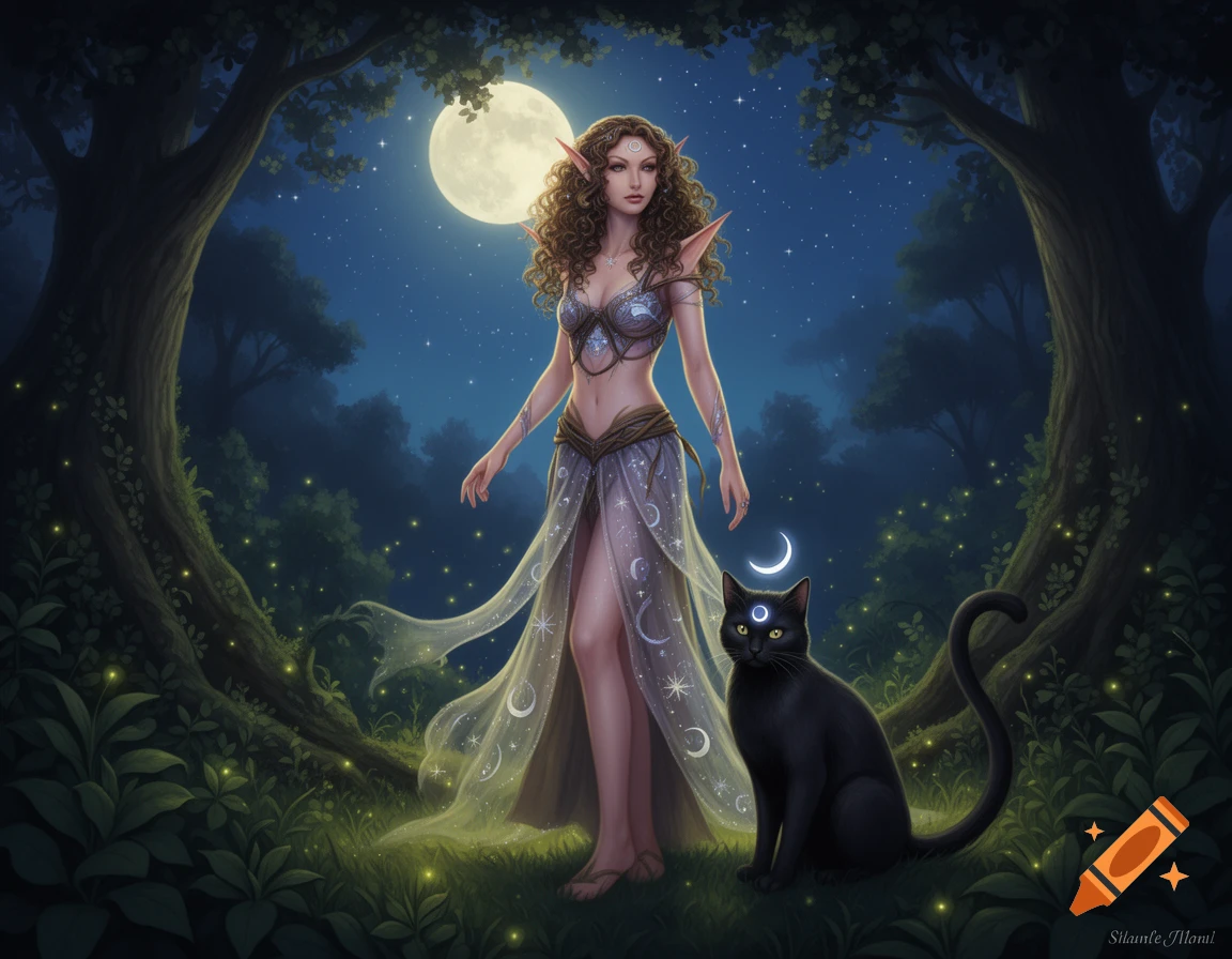 An elf woman with curly hair and a flowing, moon-patterned dress stands with a black cat under a full moon in a starry forest.