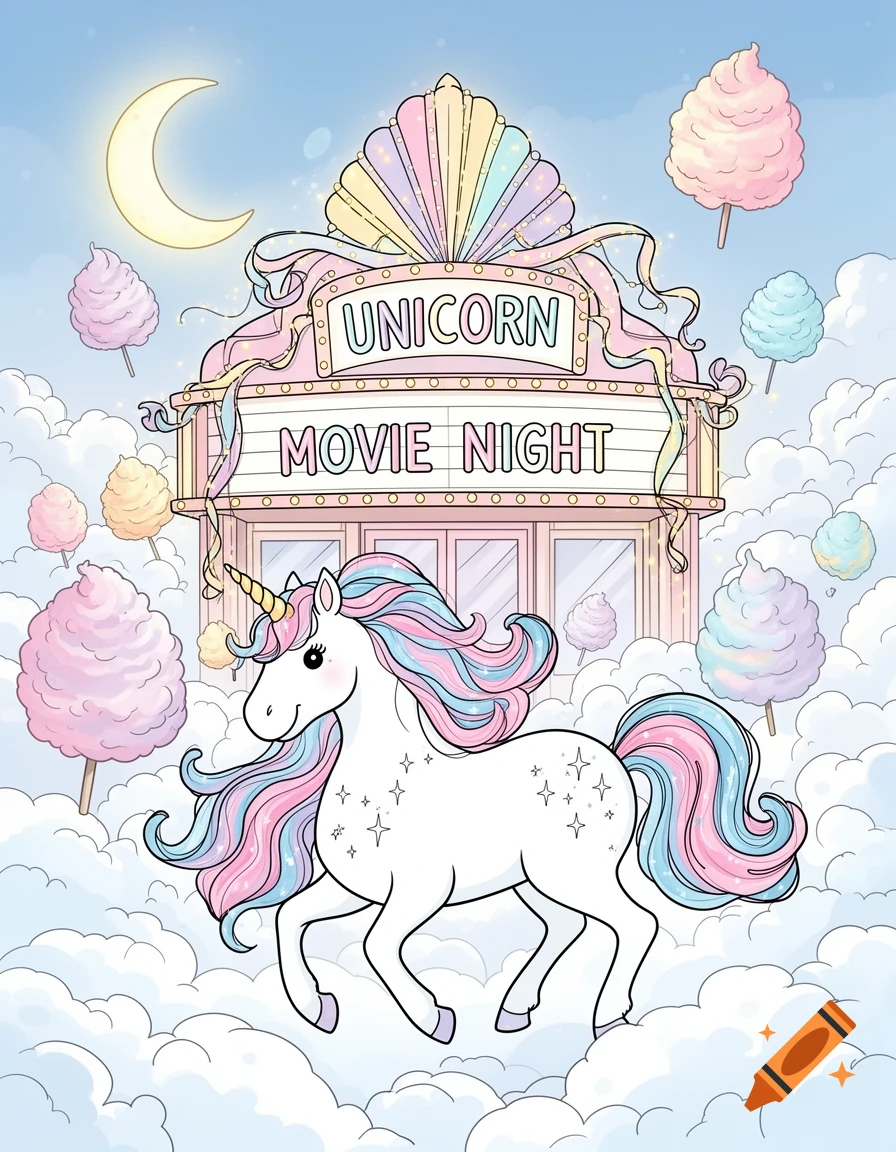 A whimsical cartoon unicorn with a rainbow mane stands on clouds in front of a pastel movie theater marquee reading 'UNICORN MOVIE NIGHT'.