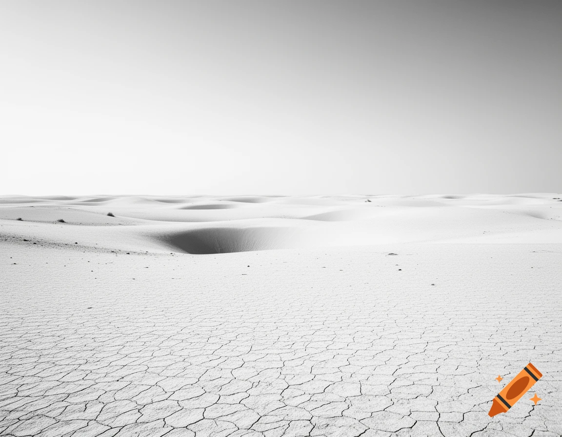 Monochrome desert landscape with cracked earth in the foreground and smooth white sand dunes under a bright sky.