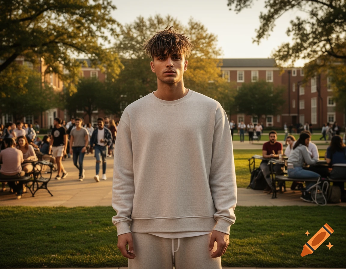 A young man with textured hair wearing a light gray sweatshirt and sweatpants stands on a sunny college campus, with blurred students in the background.
