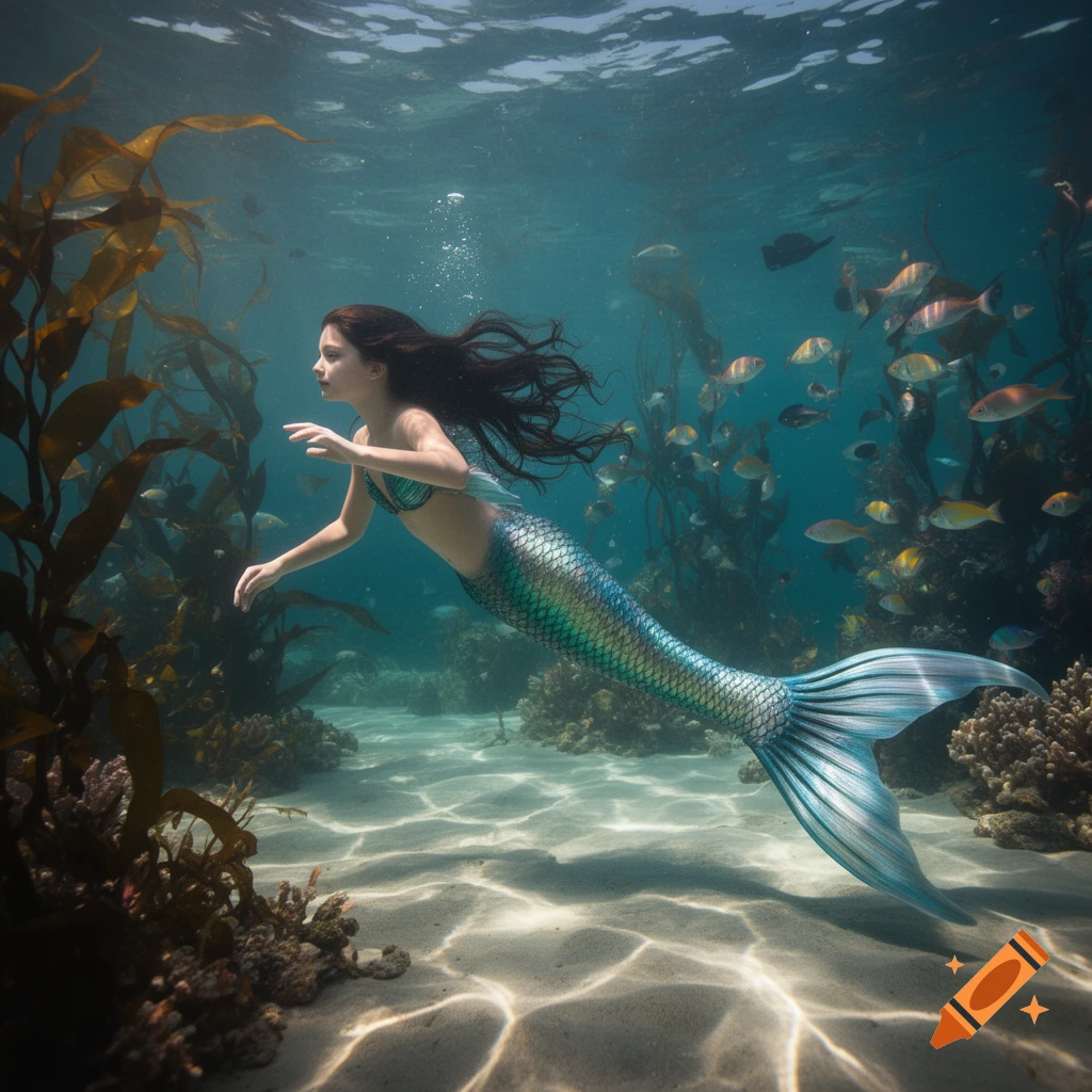 A photorealistic mermaid with dark hair and a shimmering tail swims underwater among kelp and schooling fish.