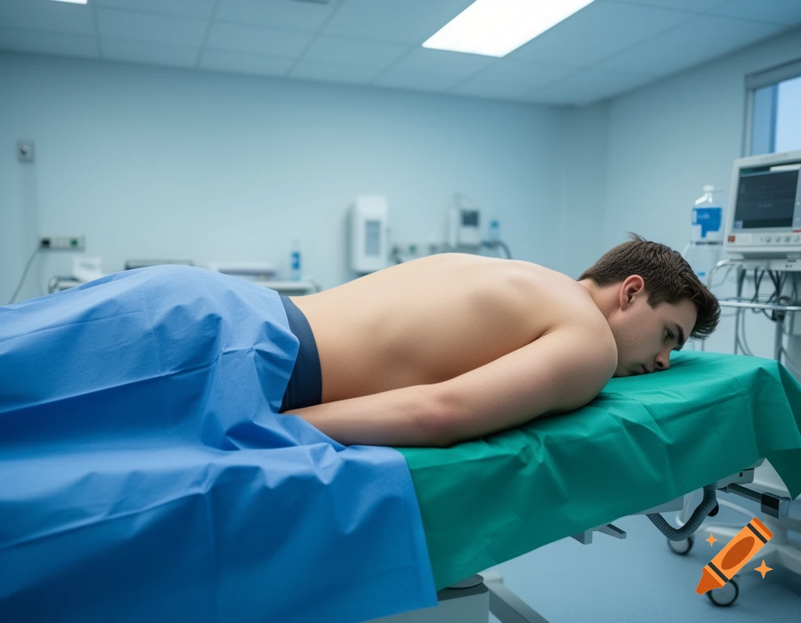 A young man lies face down on a medical examination bed, partially covered by blue and green drapes in a sterile hospital room.