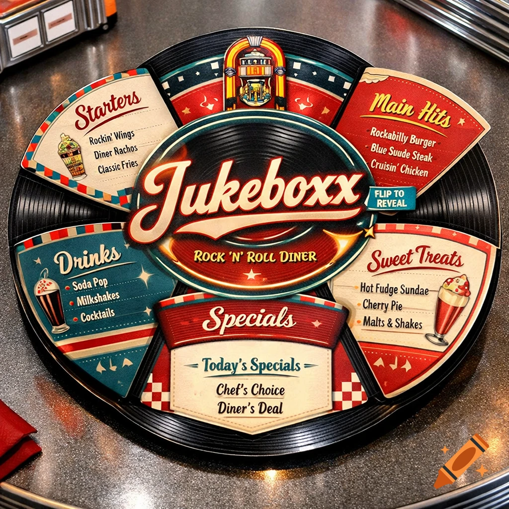 A creative, circular menu concept for a retro 1950s diner called Jukeboxx, styled like a vinyl record with segmented sections for Starters, Drinks, Main Hits, Sweet Treats, and Specials, featuring vintage typography and a jukebox illustration at the top.