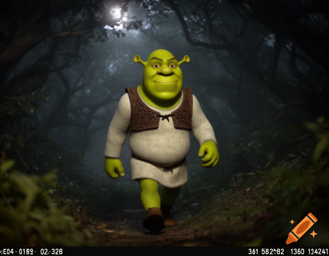 Shrek walks on a muddy trail through a dark, misty forest, with trail cam overlay text.