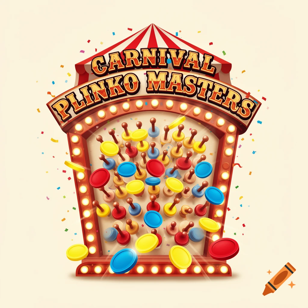 A colorful illustration of a 'Carnival Plinko Masters' logo, featuring a Plinko game with red, blue, and yellow chips, and confetti.