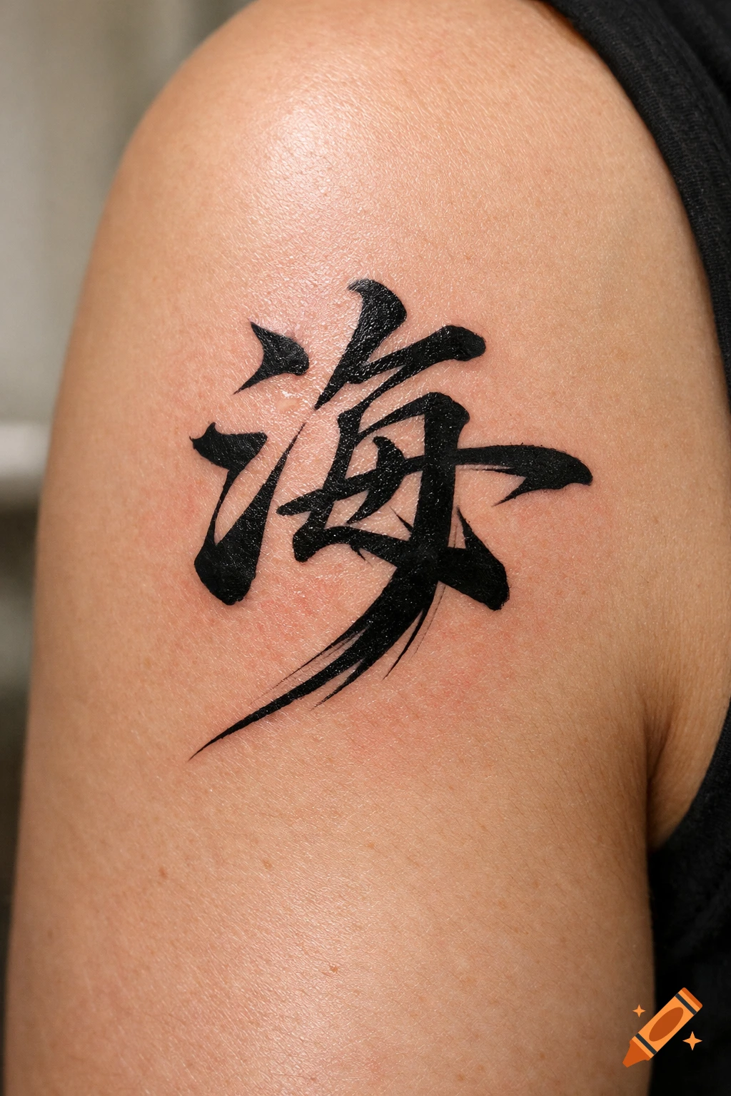 Photorealistic image of a calligraphic black Chinese character tattoo on the upper arm.