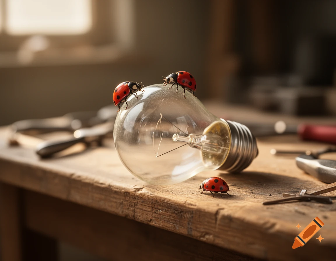 Three ladybugs are perched on and around a clear lightbulb on a rustic wooden table, with tools in the blurred background. Photorealistic style.