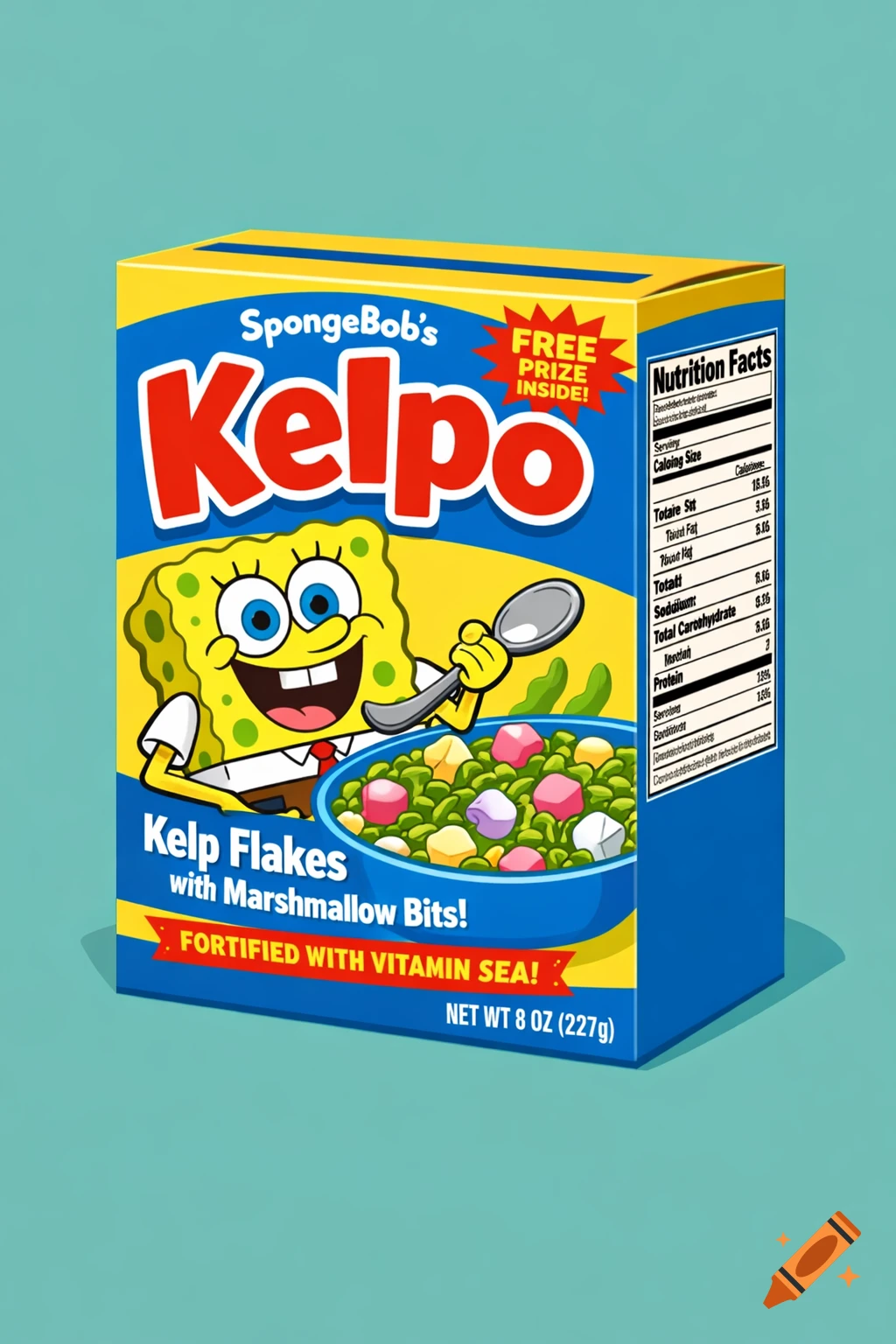 SpongeBob SquarePants cereal box for \"Kelpo\" Kelp Flakes with Marshmallow Bits, showing Spongebob eating a bowl of the cereal.