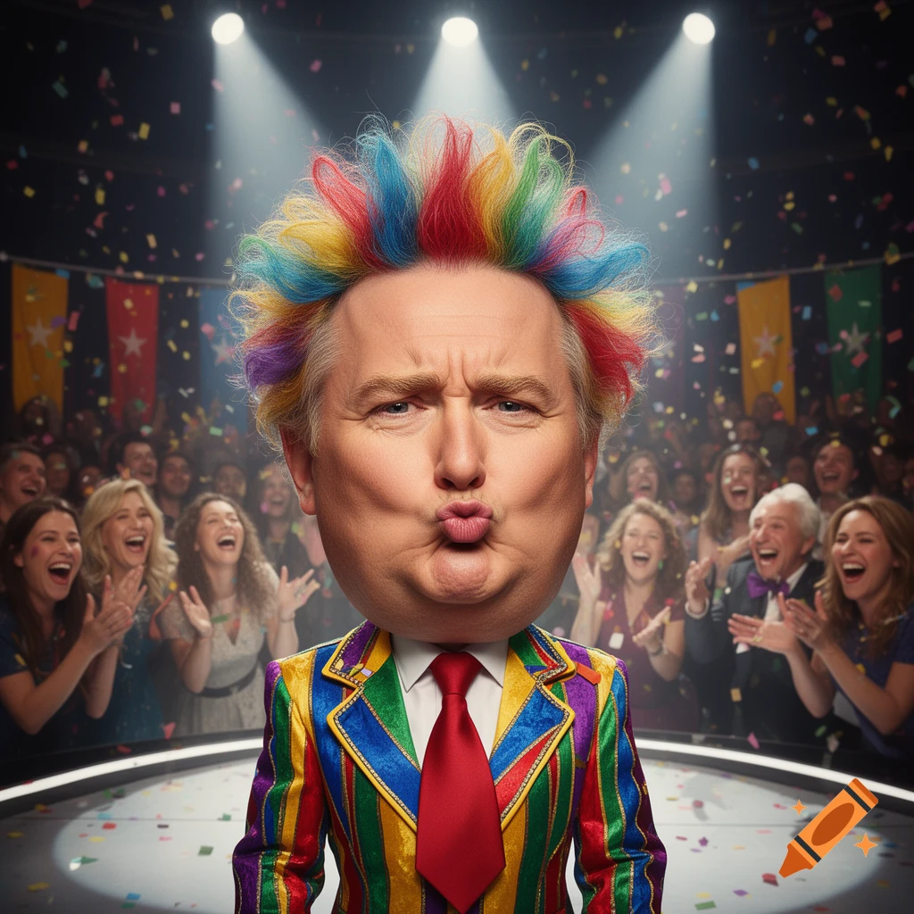 Caricature of a man with a large head, rainbow hair, and a colorful striped suit making a kissy face on stage with confetti and a cheering crowd.