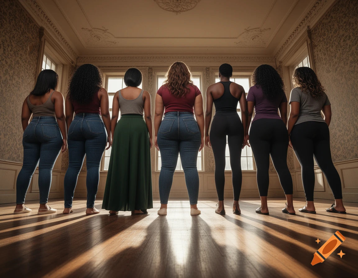 Six women with varying figures, seen from behind, stand in a line in a sunlit room with ornate wallpaper and windows, wearing jeans, leggings, and a skirt.
