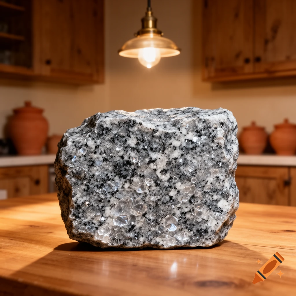 A close-up of a rough-cut gray and white granite rock with sparkling crystals, sitting on a polished wooden table in a warm kitchen.