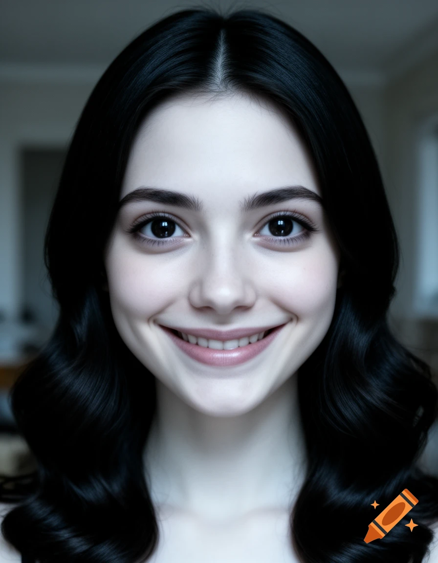 A close-up portrait of a pale young woman with dark hair and wide eyes, smiling faintly with an uncanny expression.