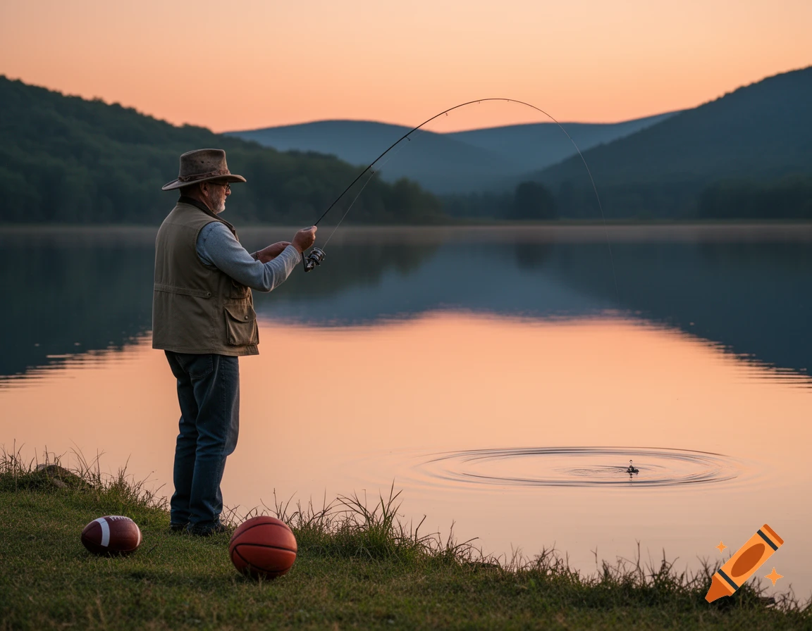 Elderly man fishing in a serene lake at sunset, with a football and basketball on the grassy bank.