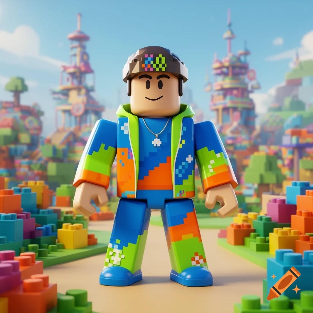 A 3D Roblox character with a pixelated blue, orange, and green outfit and brown hat stands in a vibrant blocky landscape.
