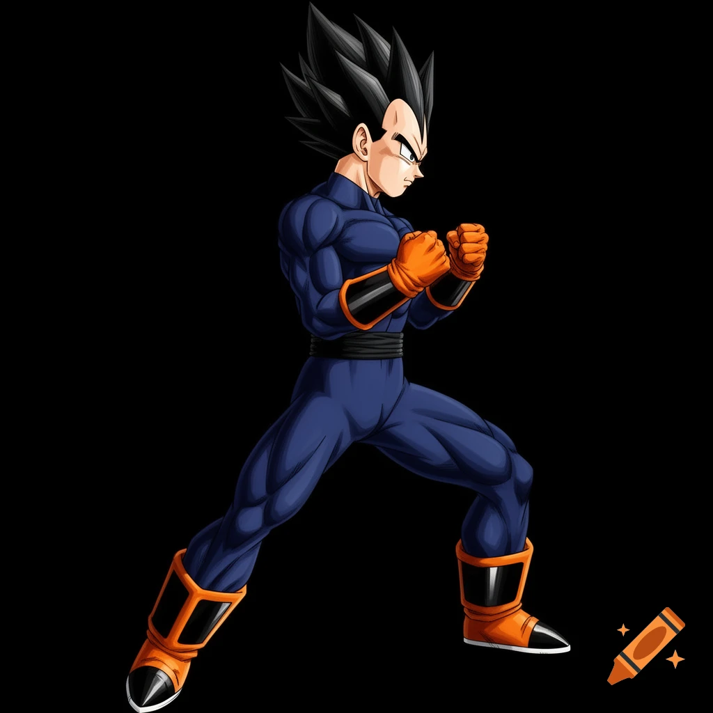 Vegeta from Dragon Ball in a fighting pose, wearing a dark blue suit with orange gloves and boots, against a black background.