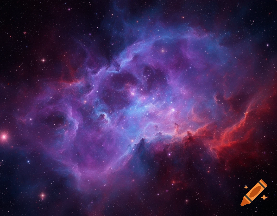 A vibrant purple, blue, and red nebula with numerous stars scattered across a dark cosmic background.