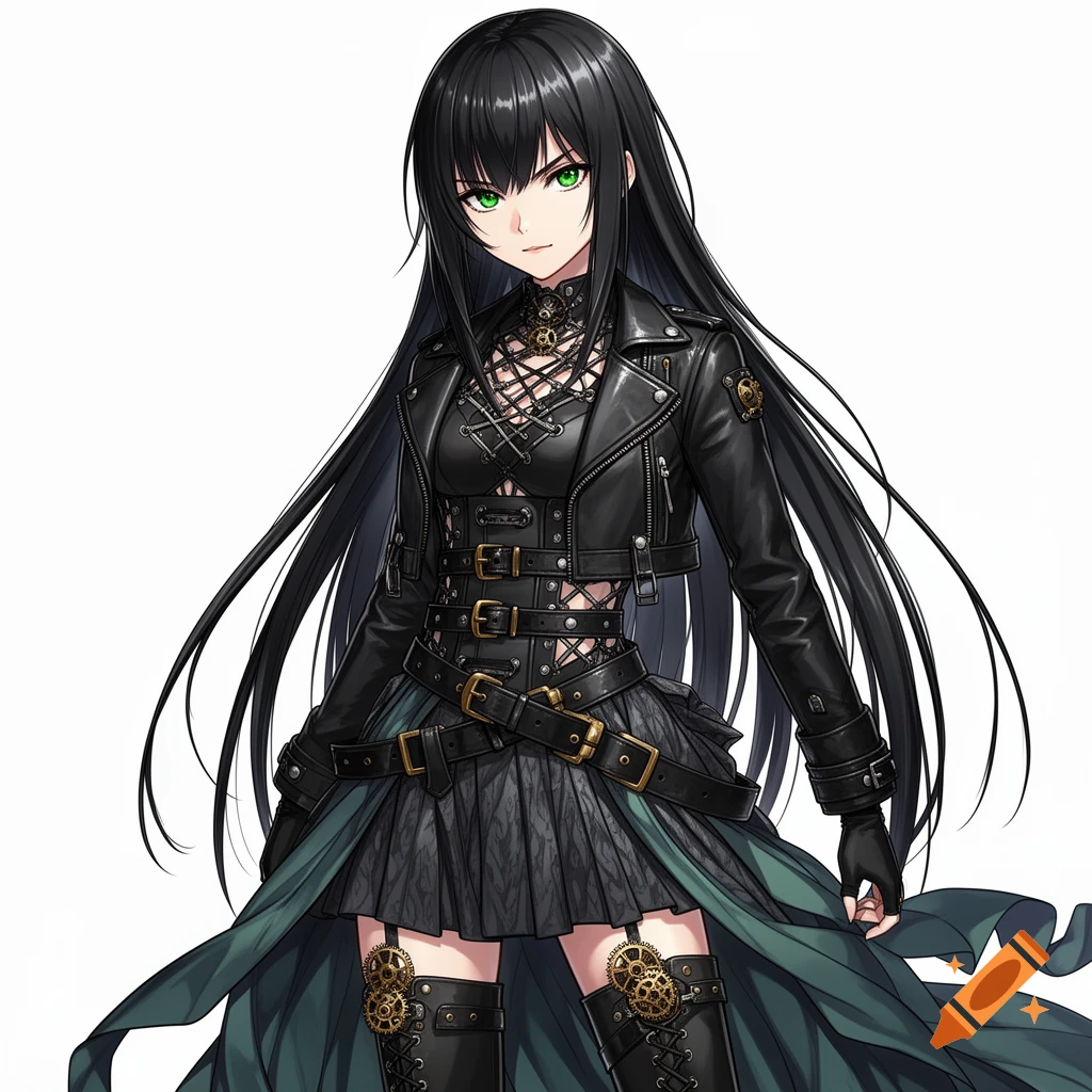 Anime female with long black hair and green eyes, wearing a black ...