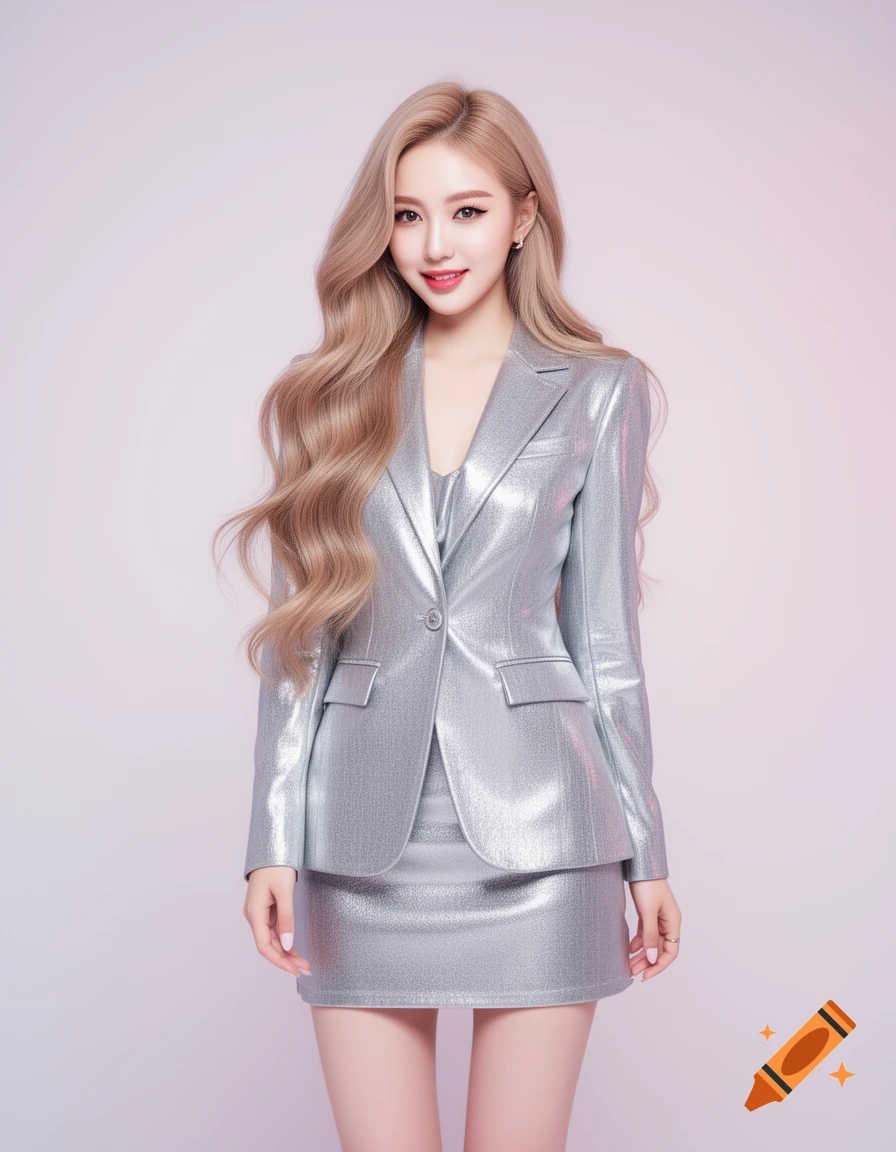 A smiling woman with long blonde hair and red lipstick, wearing a silver metallic blazer and skirt, in a photorealistic style.