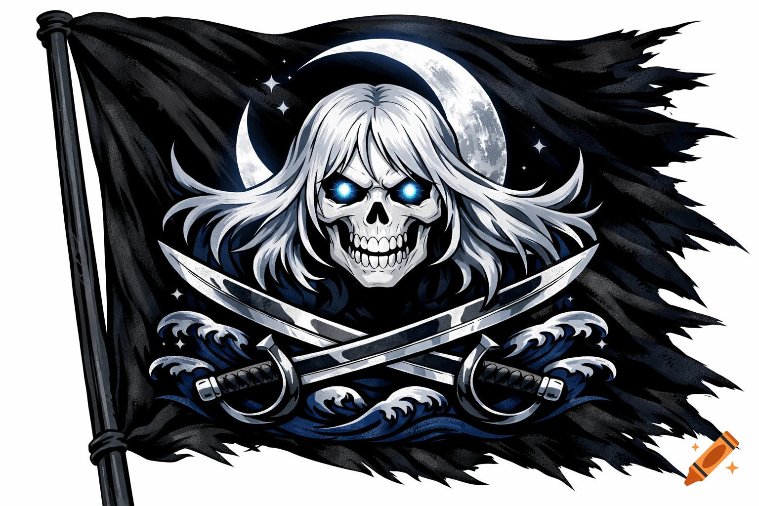 Stylized black pirate flag with a white-haired skull with glowing blue eyes, a crescent moon, and crossed swords over blue waves.