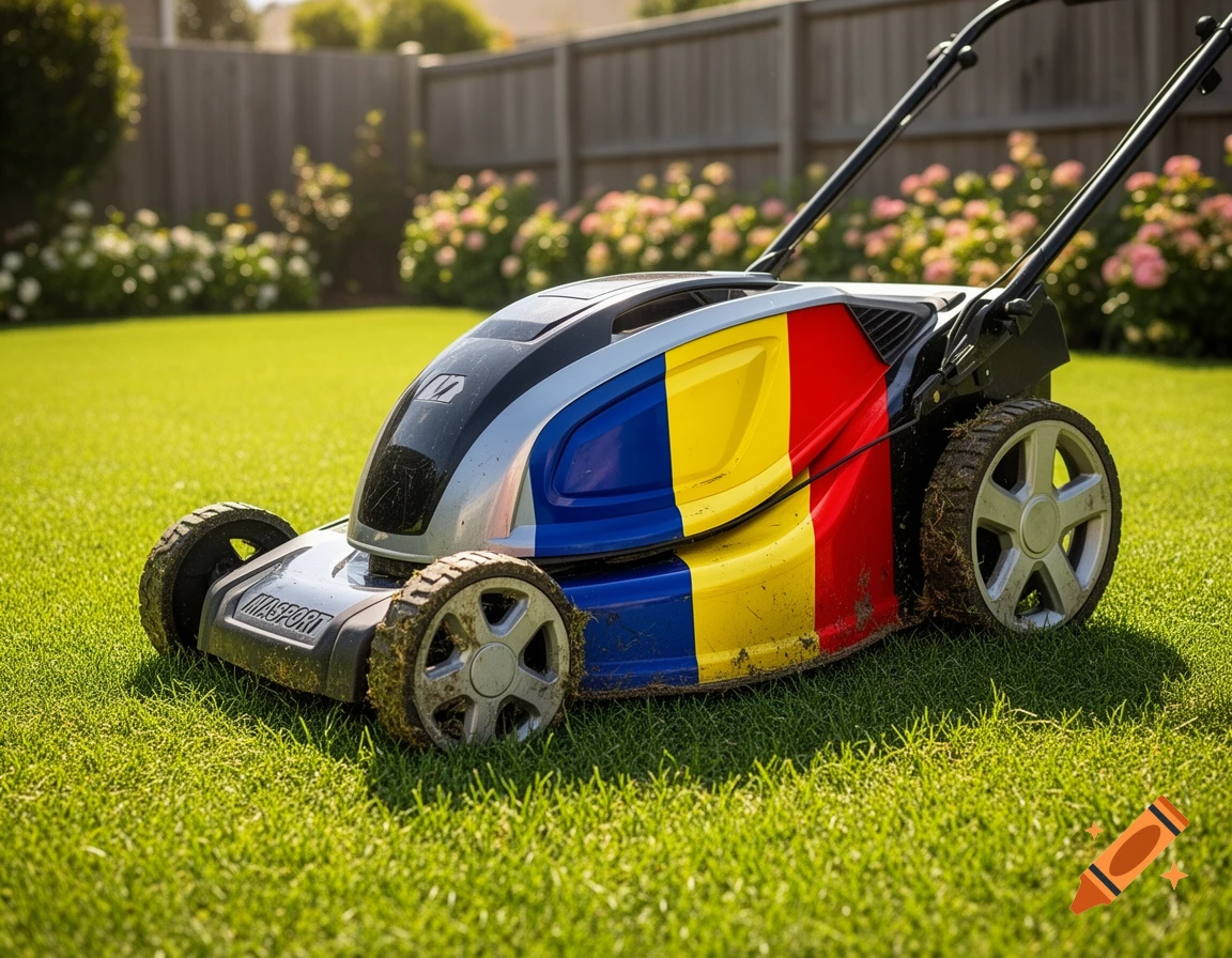 A photorealistic Masport lawnmower with the Romanian flag colors on its side, sitting on a green lawn in a sunny backyard.