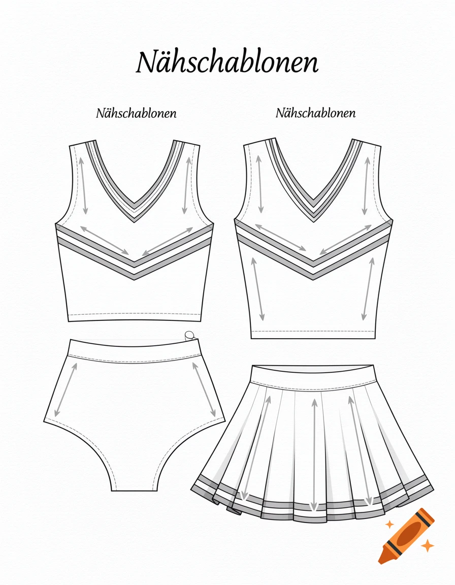 Line art sewing patterns for a two-piece cheerleader outfit, including a V-neck crop top, high-waisted shorts, and a pleated skirt, with measurement arrows.