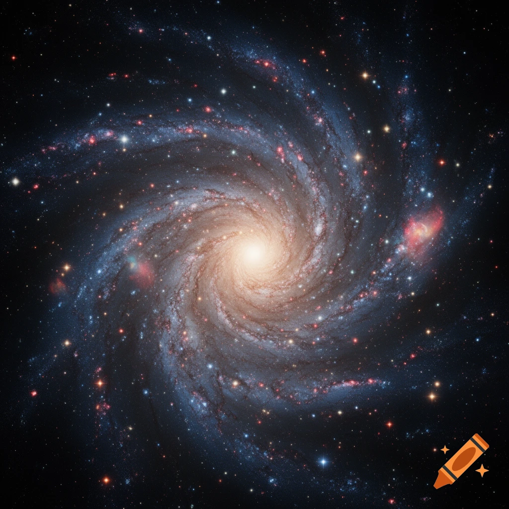 A vibrant spiral galaxy with a bright core and star-filled arms, set against a dark cosmic background.