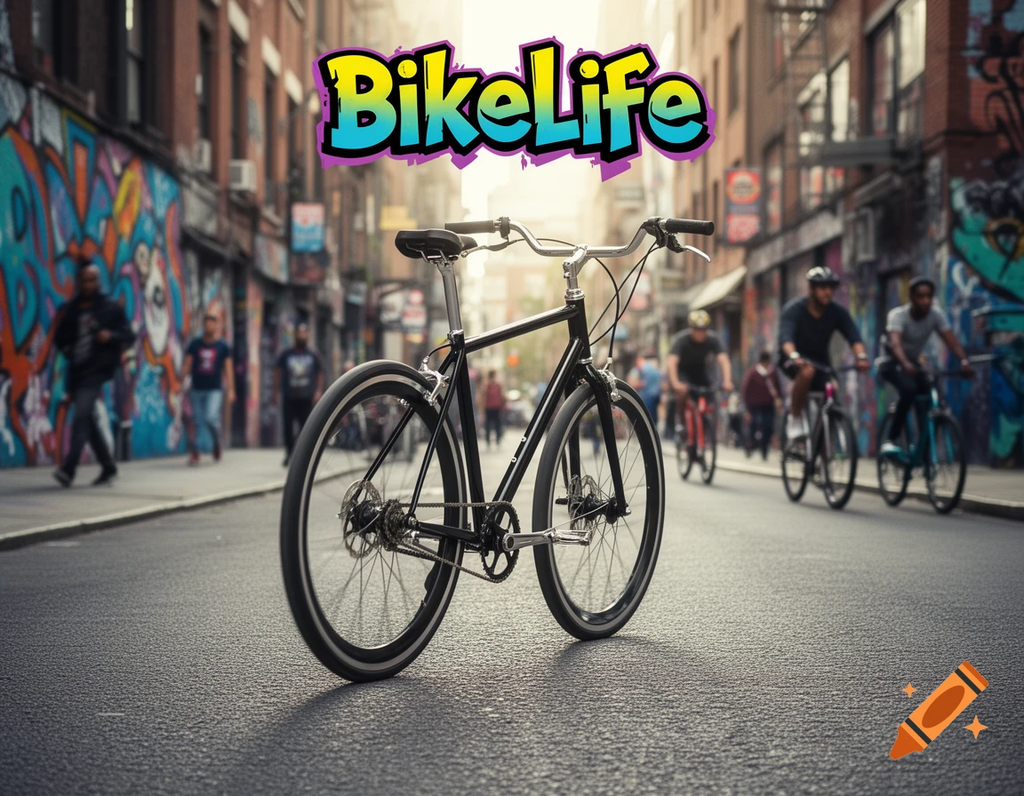 A black bicycle on an urban street with blurred people and graffiti, featuring a 'BikeLife' logo, photorealistic.