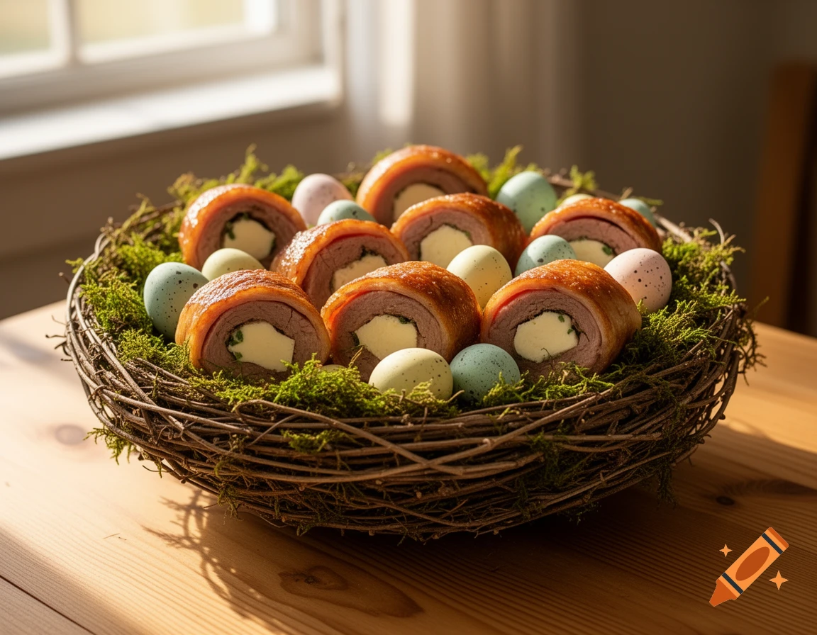 Photorealistic Easter nest with meat roulades and speckled pastel eggs nestled in green moss on a wooden table.