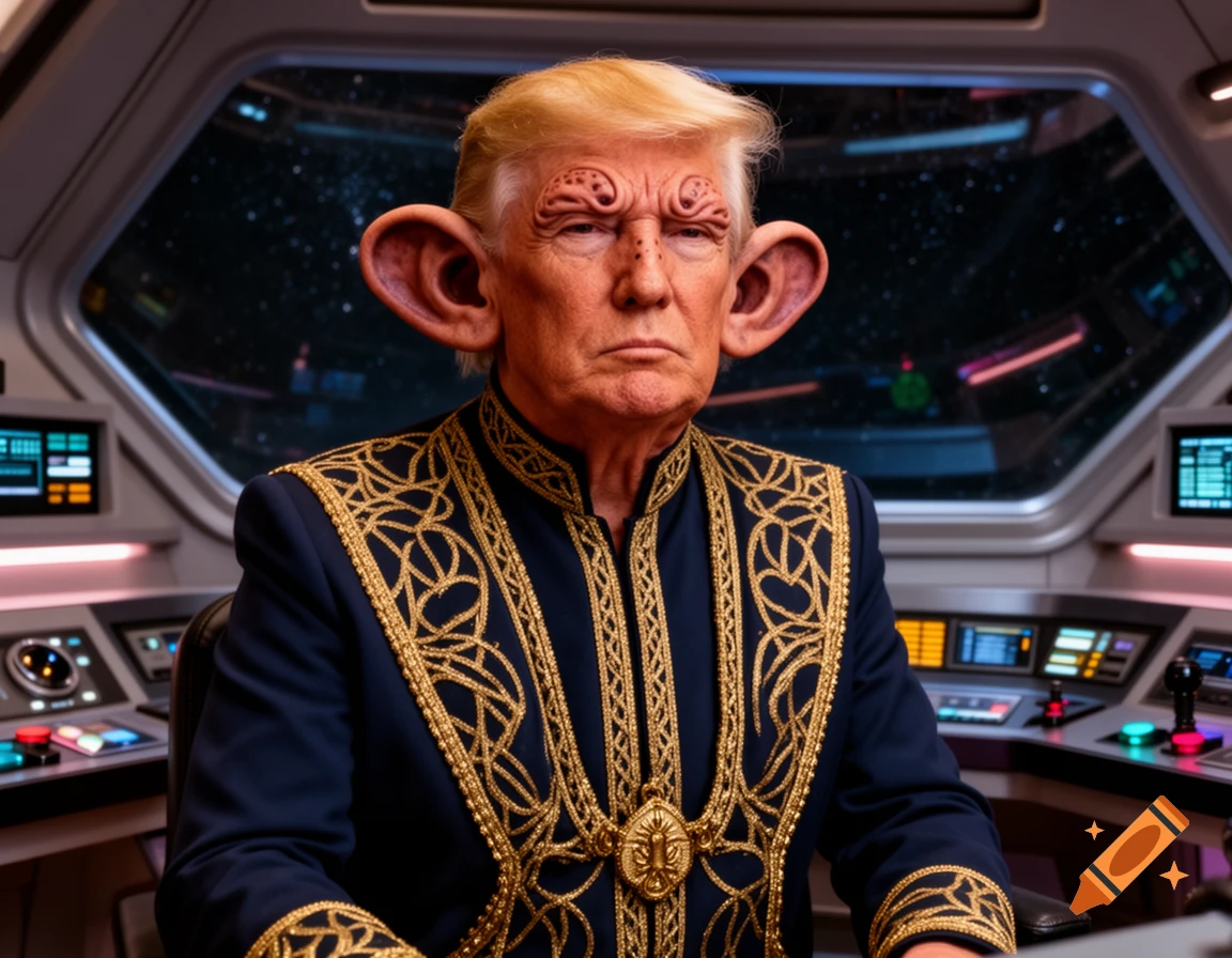 Donald Trump depicted as a Star Trek Ferengi with large ears and a ridged forehead, wearing a gold-trimmed uniform in a spaceship.
