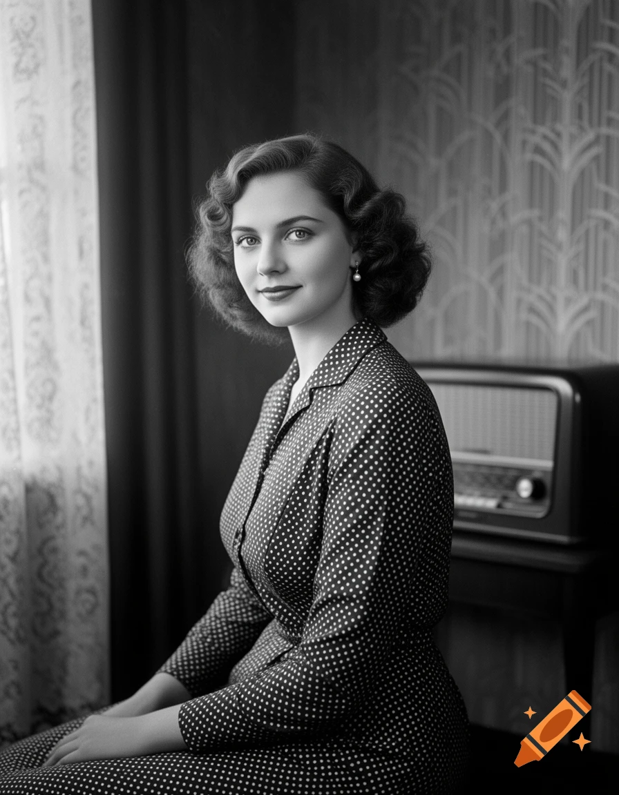 Black and white portrait of a young woman with curly hair in a polka ...