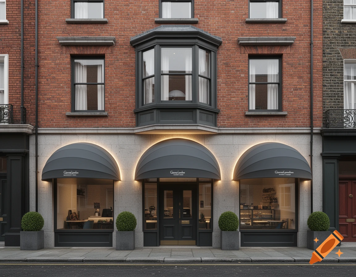 Photorealistic street-level view of a red brick Victorian building with a specialty shop on the ground floor, featuring three dark gray canopies with warm under-lighting and square topiary planters.