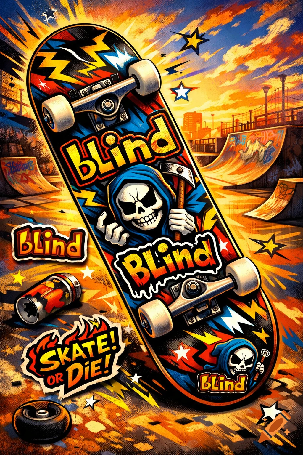 A vibrant, grungy street art-style skateboard design featuring a grim reaper skull and 'BLIND' logos, set against a skate park sunset.
