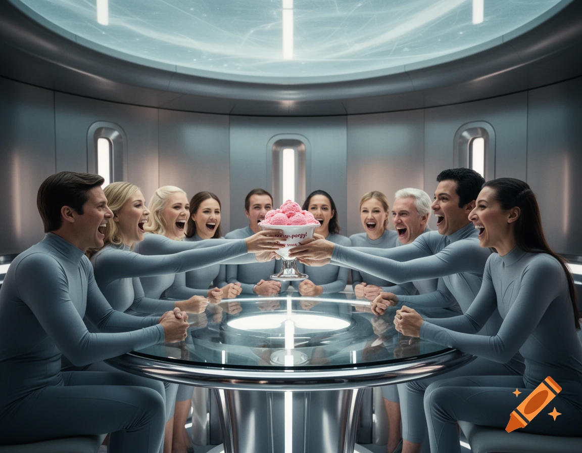 People in light blue jumpsuits in a futuristic, sterile room, laughing and passing a bowl of pink ice cream.
