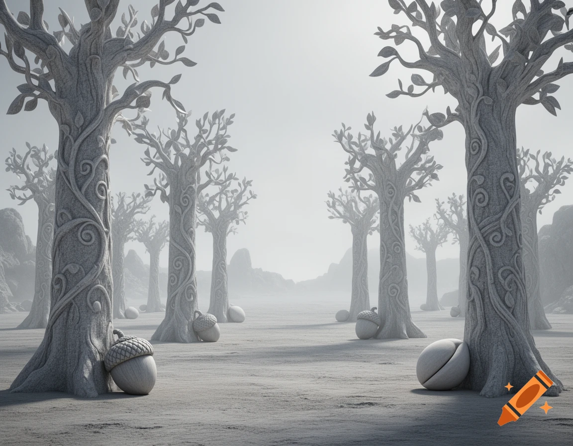 A vast, misty grey landscape with surreal carved stone trees and large stone seeds on the ground.