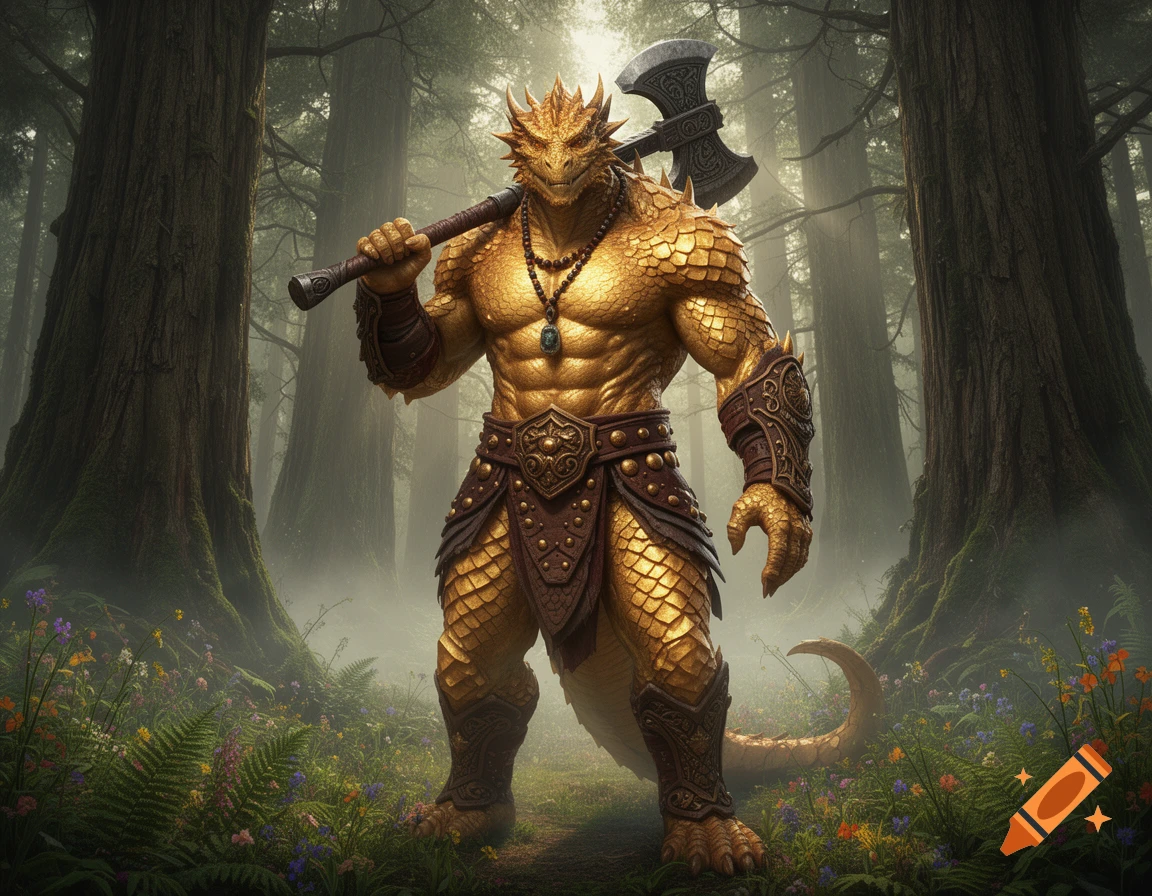 A muscular golden dragonborn barbarian stands in a mystical forest, holding a large axe over their shoulder.