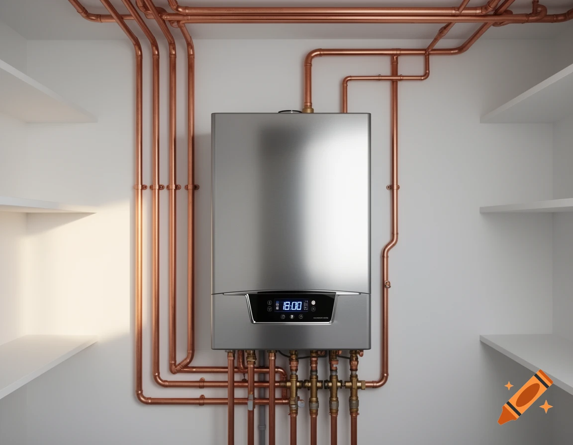 Photorealistic image of a gas-fired condensing boiler with copper pipes and white shelves.