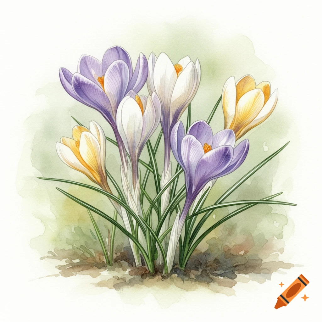 A watercolor botanical illustration of purple, white, and yellow crocus flowers with green leaves.