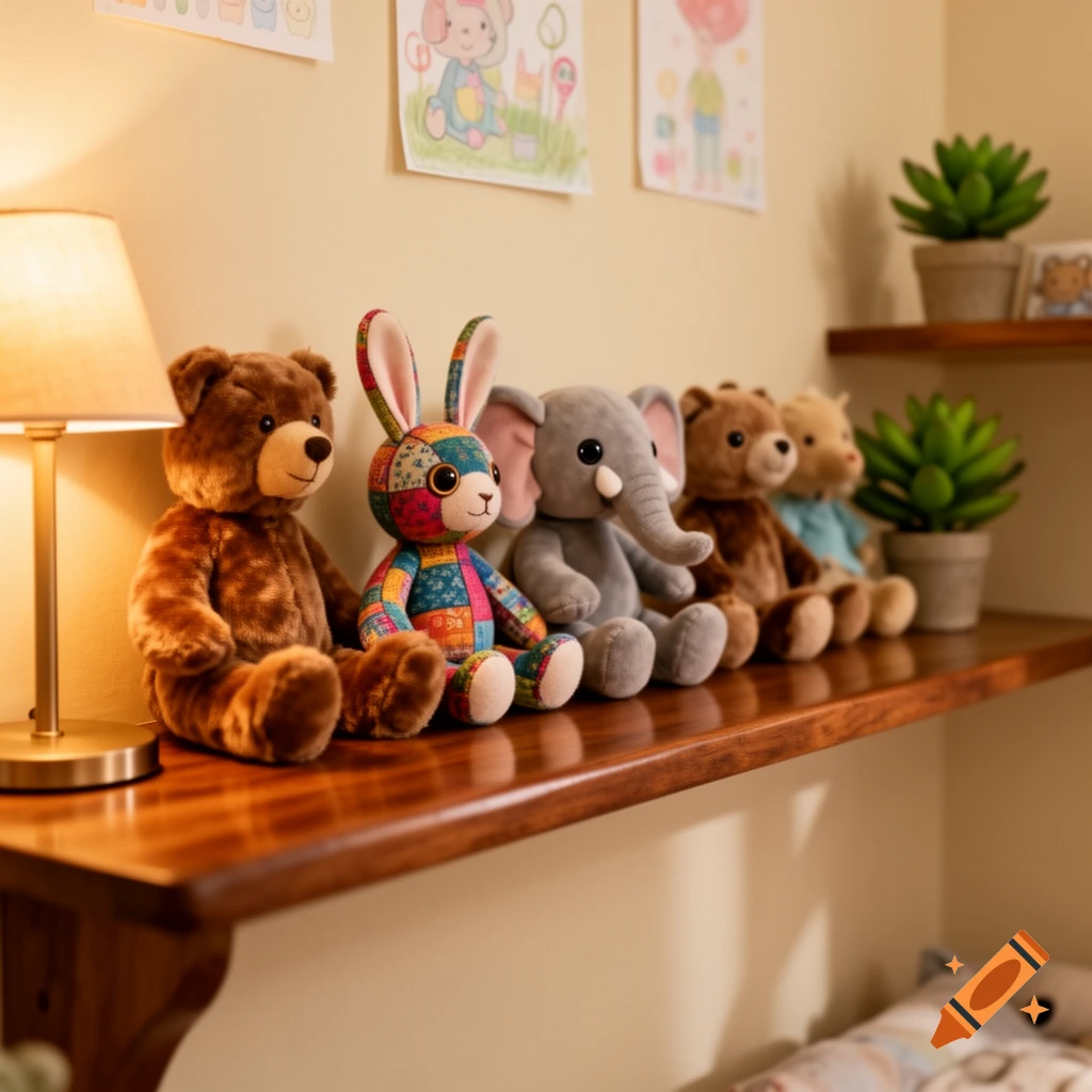 Photorealistic image of several stuffed animals, including a brown bear, a colorful patchwork bunny, and a gray elephant, lined on a polished wooden shelf in a softly lit room.