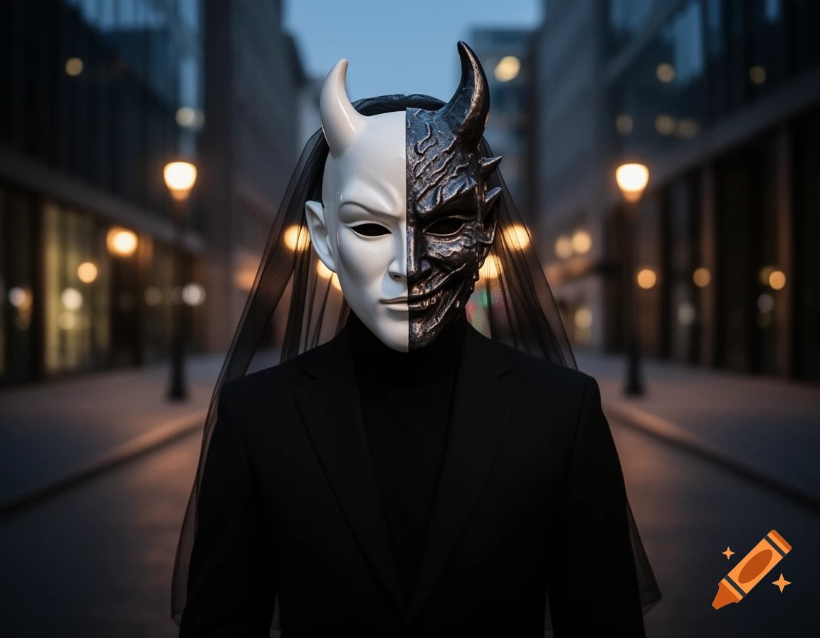 A person in a black suit and a dramatic half white angel, half dark devil mask stands on a city street at dusk.