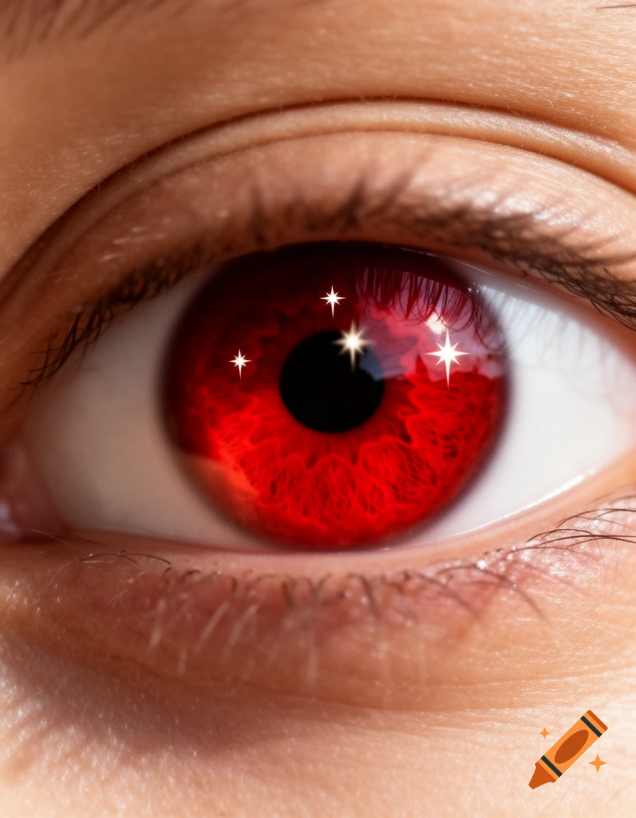 A close-up, photorealistic image of an eye with a vibrant red iris and three star-shaped reflections around the pupil.