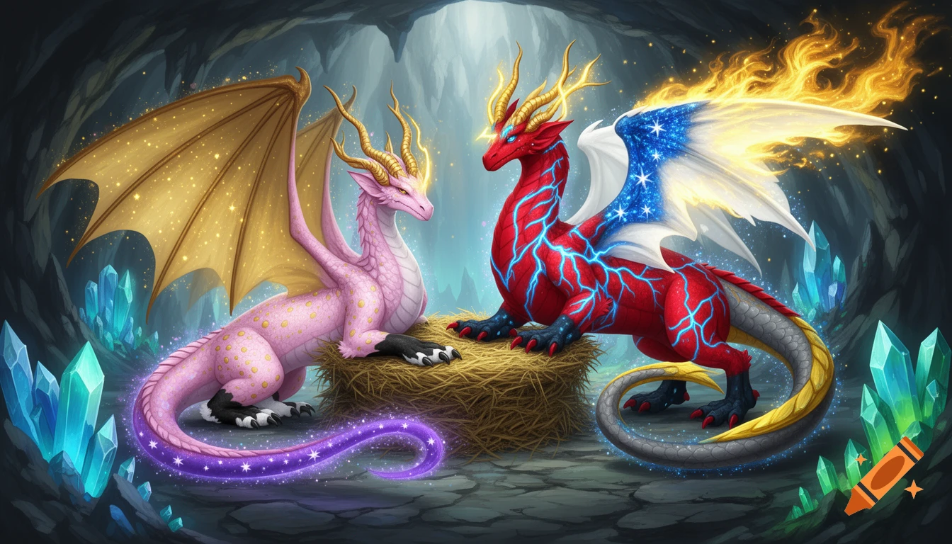 A pink dragon with gold wings and a red dragon with blue lightning and flag-patterned wings rest on a straw nest in a crystal cave.