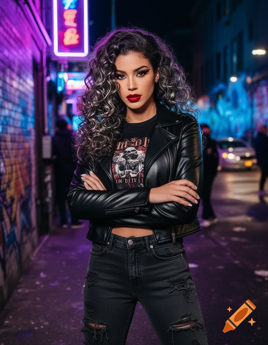 Photorealistic portrait of a woman with curly hair, red lipstick, leather jacket, and ripped jeans, standing in a neon-lit urban alley.