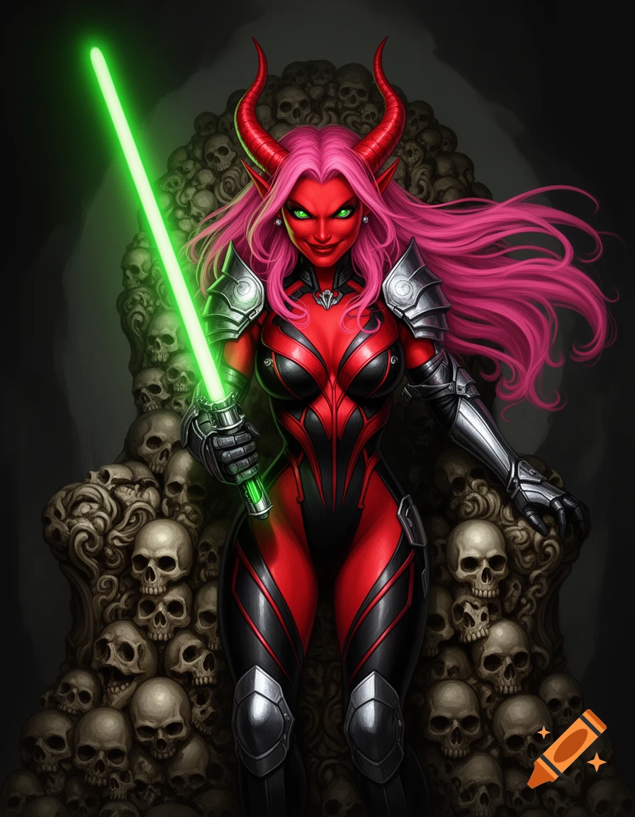 Red-skinned demoness with pink hair, red horns, and green eyes, wearing black and red armor, holding a green lightsaber, standing on a skull throne.