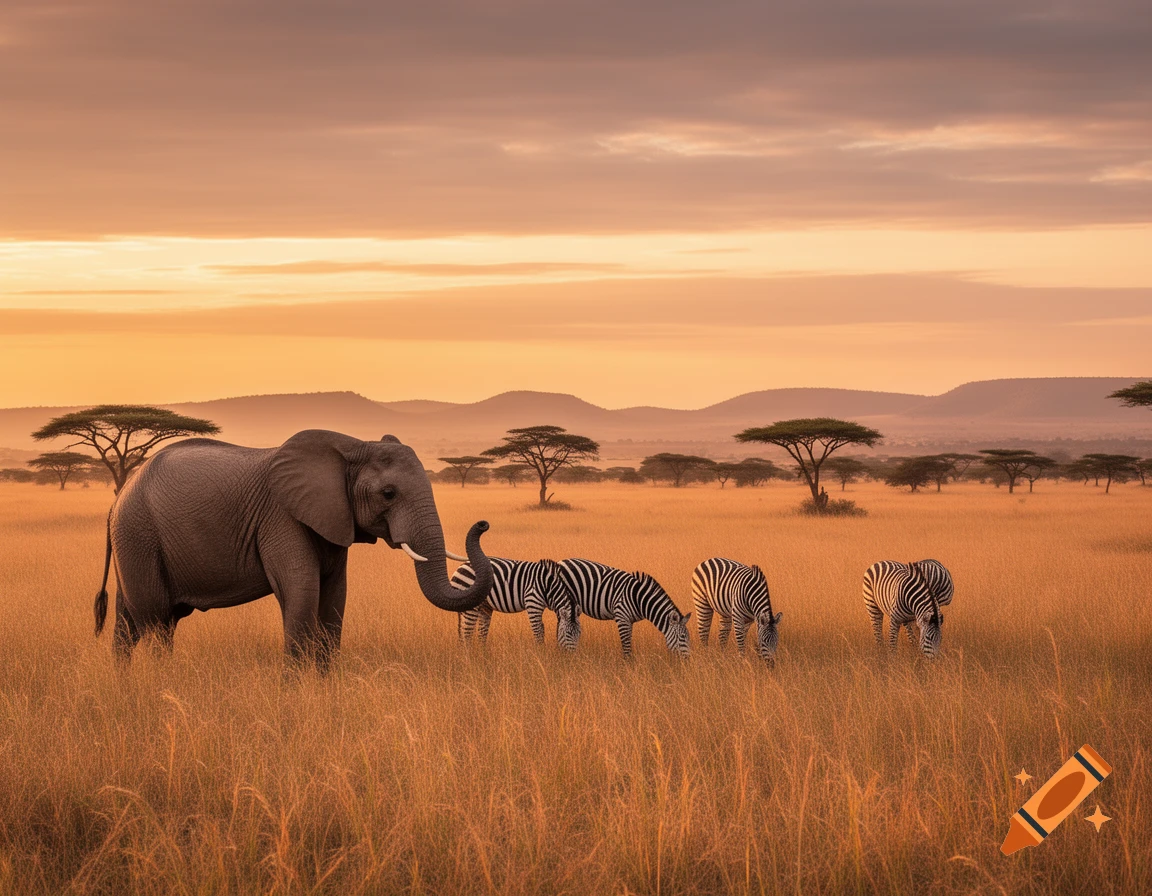 A large elephant stands next to three grazing zebras in a golden savanna at sunset, with acacia trees and distant mountains.