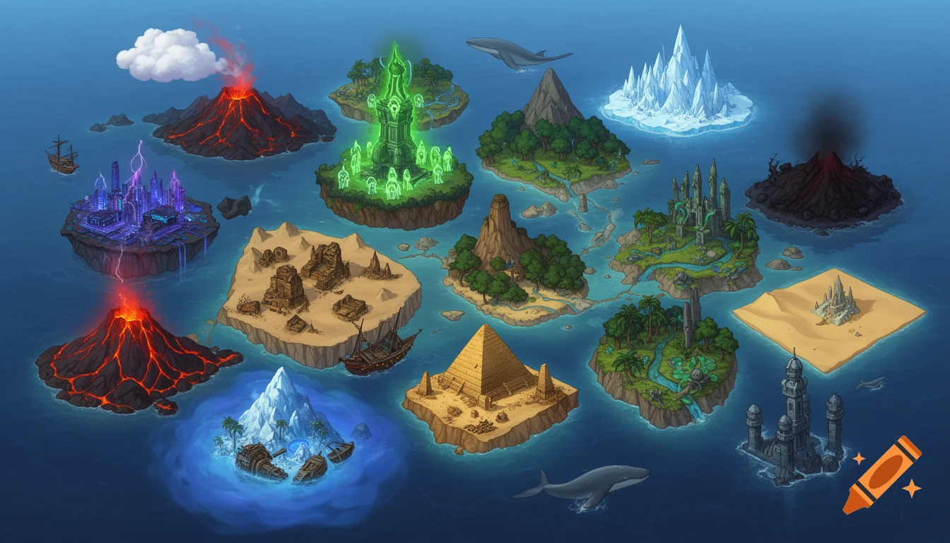 Colorful anime fantasy map of an archipelago with diverse islands including volcanic, ice, desert, jungle, and cyberpunk settings.