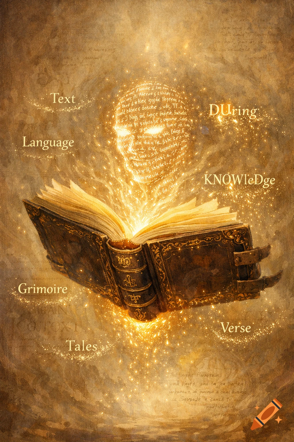 An old, ornate book floats open, glowing brightly from its pages. Golden particles and words like "Text," "Language," and "Grimoire" float around it in a mystical, painterly fantasy style.