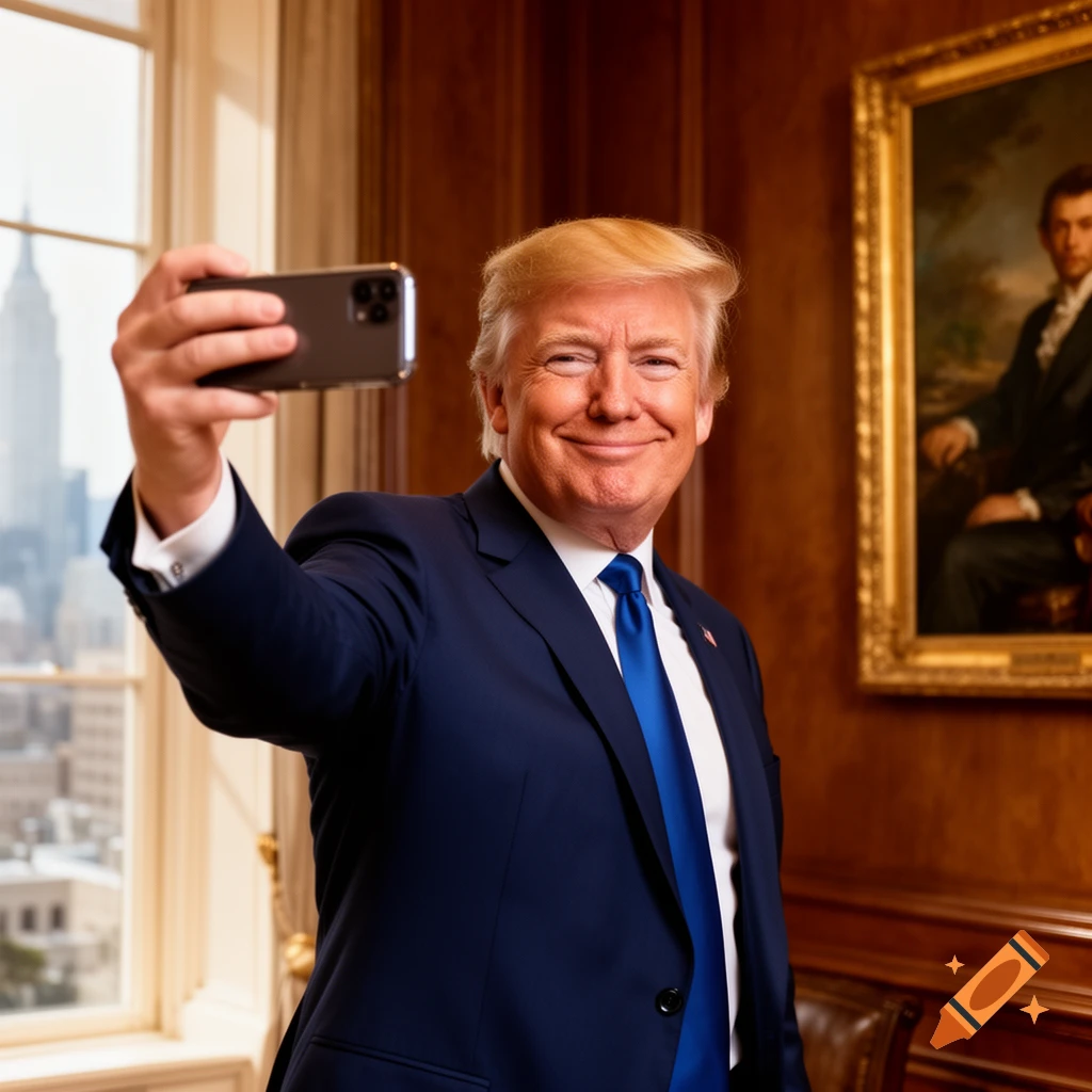 Donald Trump in a blue suit and tie takes a selfie with a smartphone in an office with a city view, photorealistic.