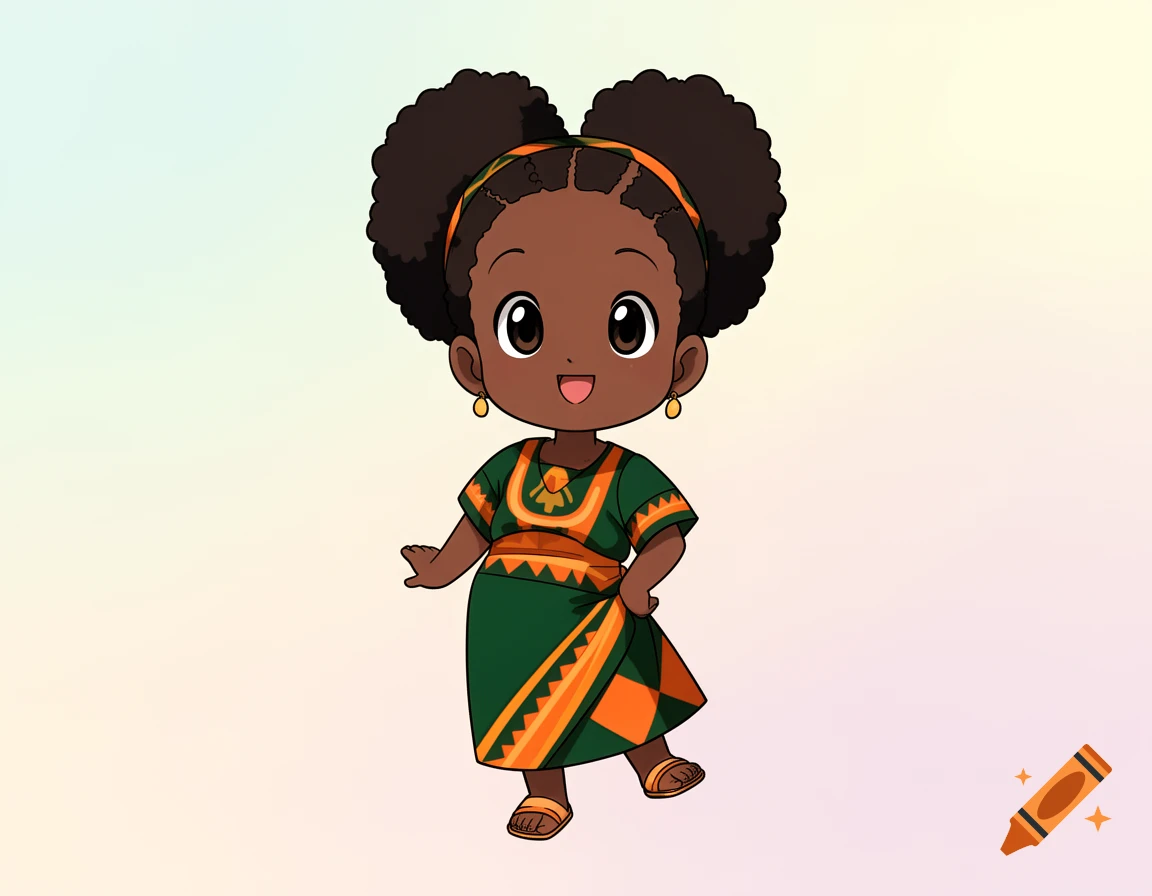A cute chibi anime-style African girl with dark skin and afro puffs, wearing a green and orange patterned dress, smiling.