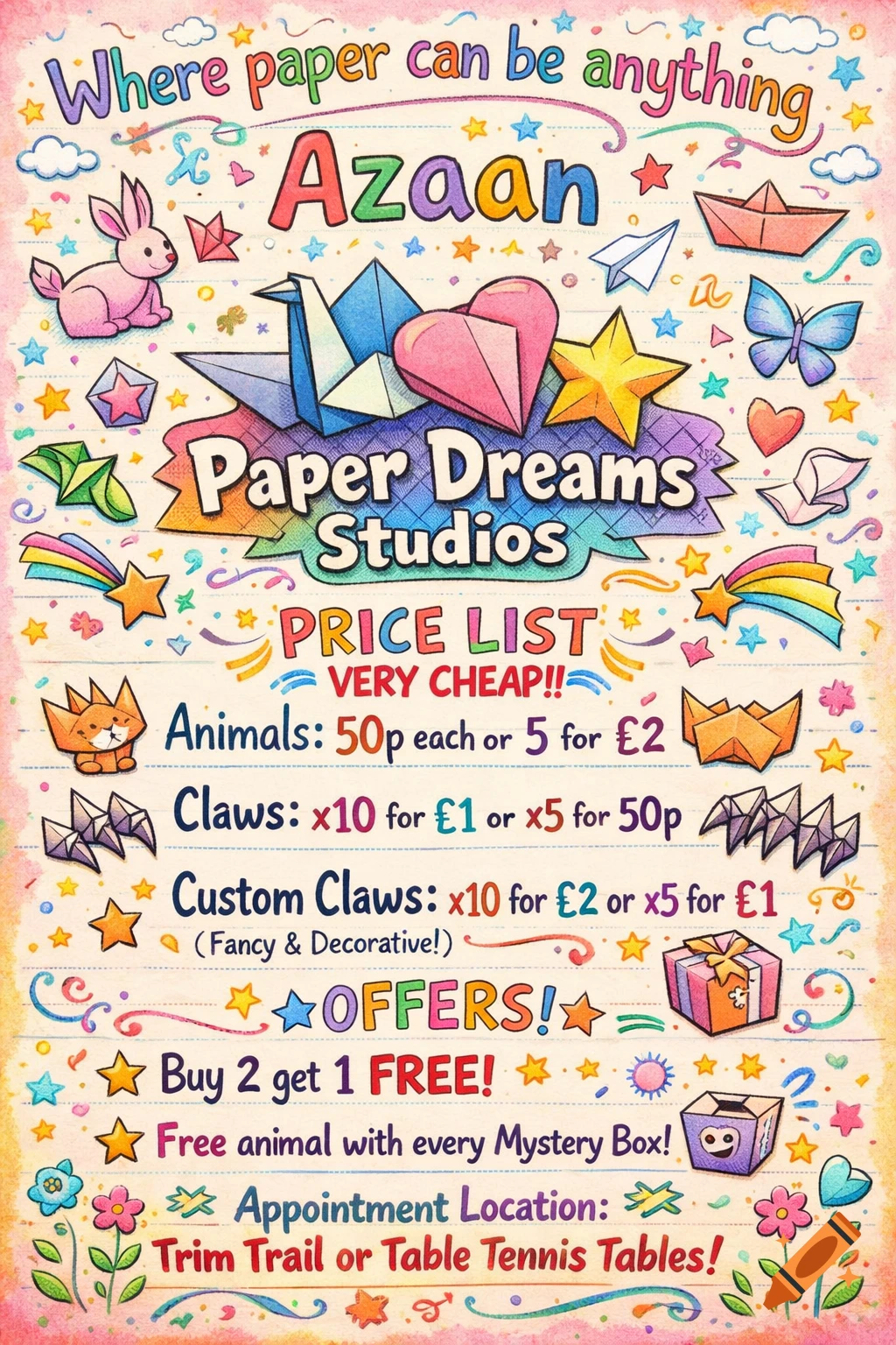 A colorful, kid-friendly poster advertising an origami business called "Paper Dreams Studios" by Azaan, featuring a price list for paper animals and claws, along with special offers, all surrounded by various origami shapes and doodles.